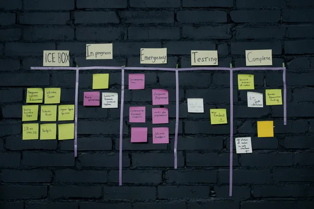 Top-down view of an office Kanban board with colorful sticky notes for task management and organization. Come valutare un software gestionale per PMI: requisiti, integrazioni e costi